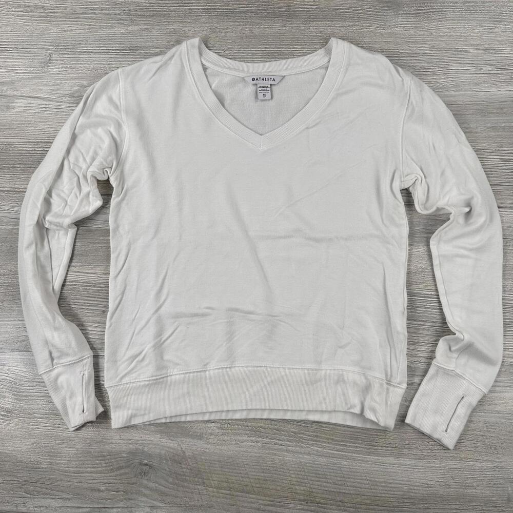 Athleta Sweater Womens XS White Sunrise Vneck Modal Thumbholes Jog Run Walk Base - Picture 1 of 7